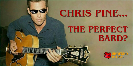 Chris Pine portrayed as an ideal bard, exuding charisma and charm, with a captivating expression and artistic attire.