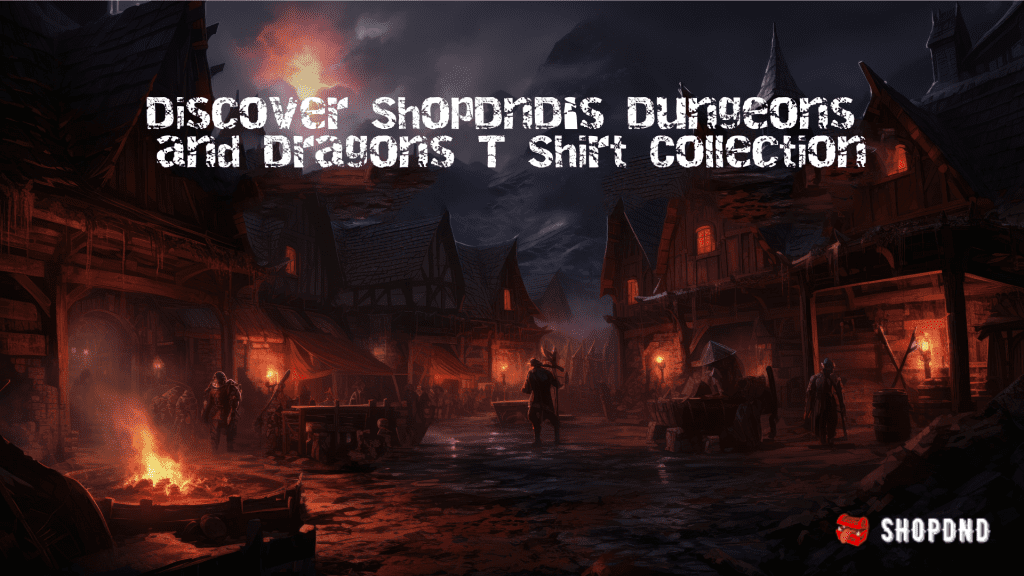 Dark medieval village scene with adventurers. Text: "Affordable and High-Quality DnD Clothes: Seek Out Rare Finds"