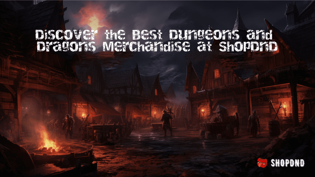 Dark medieval village scene promoting Dungeons and Dragons merchandise at Shopdnd.
