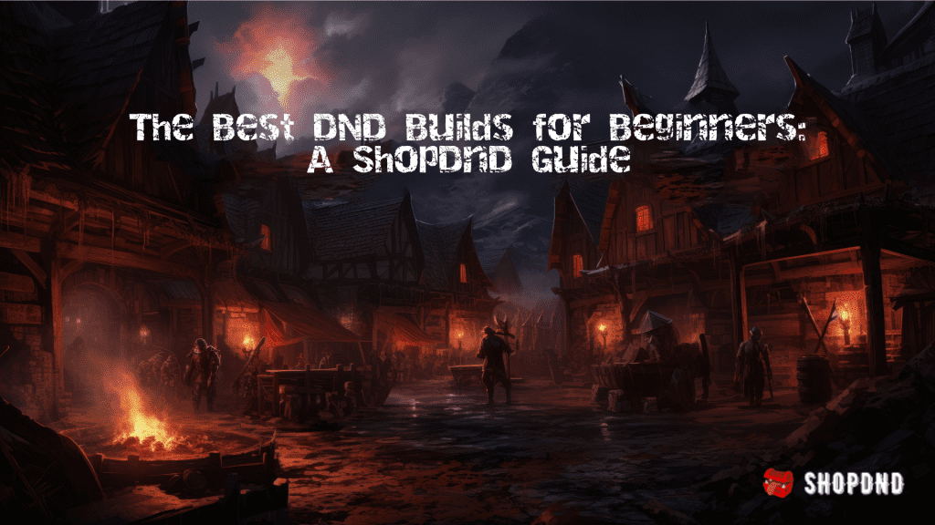 A dark medieval village with adventurers promoting a comprehensive guide on how to create a D&D character by ShopDnD.