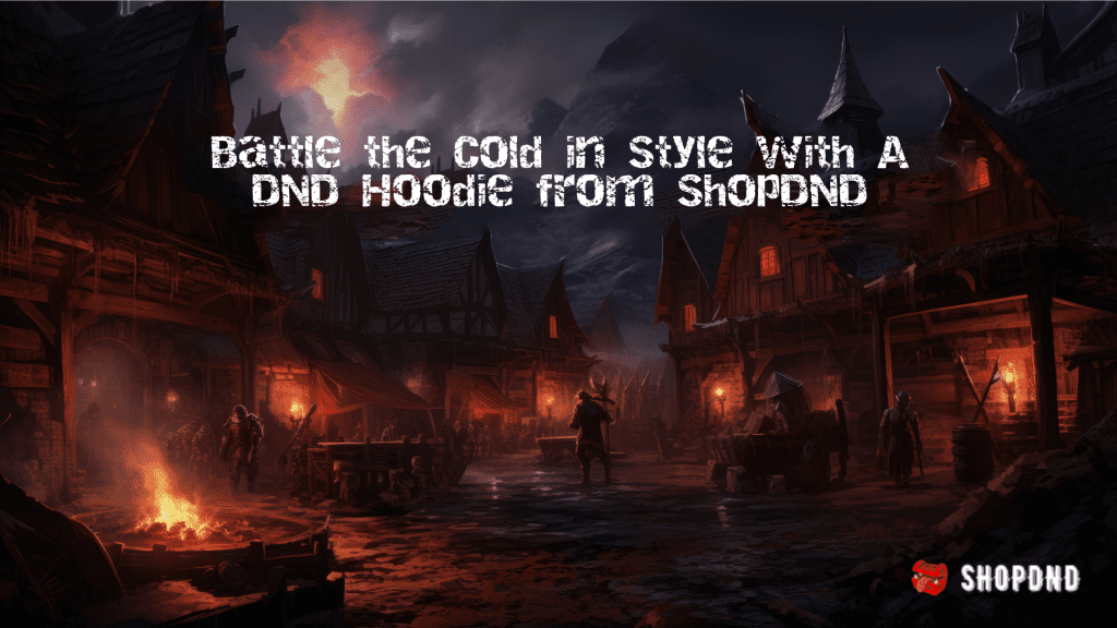 A dark medieval village with adventurers promoting a comprehensive guide on how to create a D&D character by ShopDnD.