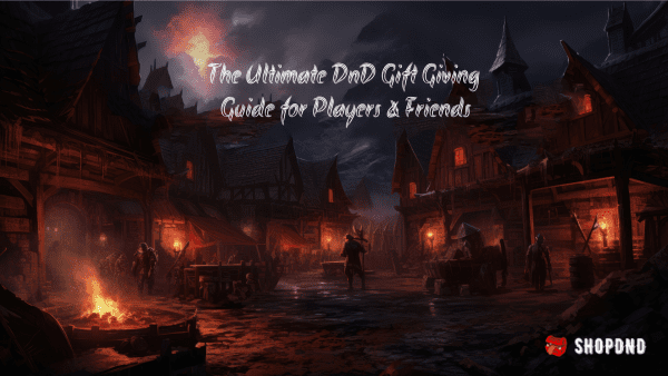 A dark medieval village with adventurers promoting a comprehensive guide on how to create a D&D character by ShopDnD.
