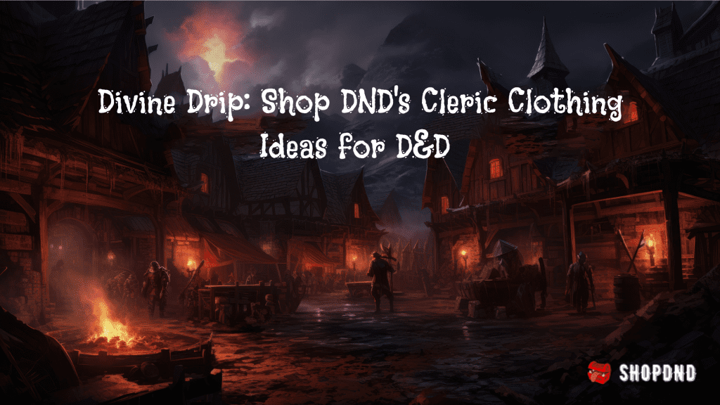 In a dark medieval village, adventurers examine various D&D clothing options for their RPG adventures in a cozy shop.