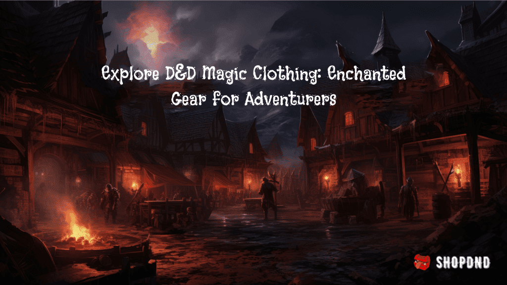 D&D town at night, fire burning. "Explore D&D Magic Clothing" for adventurers.