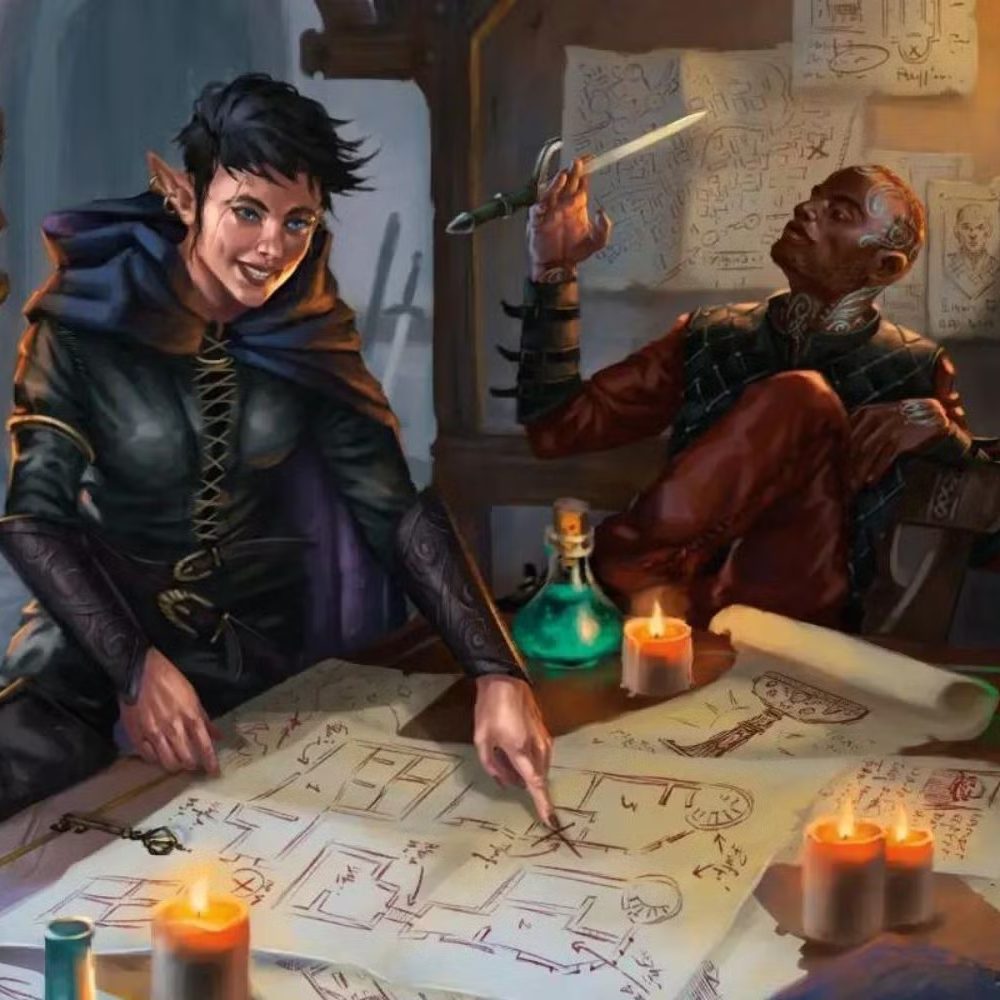 D&D players analyzing a map together amidst potions and scrolls.